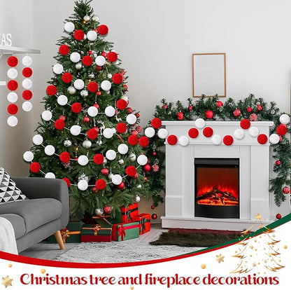 2 Pack Large Pom Poms Garland Hanging Decorations Colorful Soft Faux Rabbit Fur Ball Garland for Easter Xmas Holiday Wedding Baby Shower Birthday Party Supplies(Red White,3.15 Inch)