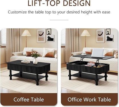 39”Large Lift Top Coffee Table with Hidden Storage Compartment,Fluted Coffee Tables Fully Assembled Wooden Center Table,Mid Century Modern Lift Tabletop Dining Table for Living Room Home Office,Black