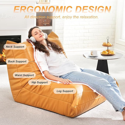 Hobestluk Giant Bean Bag Chair Lazy Floor Sofa, Fireside Sofa for Adults, Big Beanbag Faux Leather Armless Chair for Living Room Bedroom Dorm Office (Yellow, Single)
