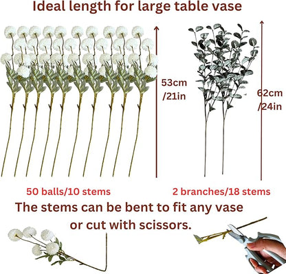 White Faux Flowers for Vase - Kiku 10 Stems & Eucalyptus, Fake Flowers Stems for Pottery Vase, Realistic Artificial Flowers, Pom Pom Balls for Aesthetic Room Decor, Floral Arrangements Centerpiece