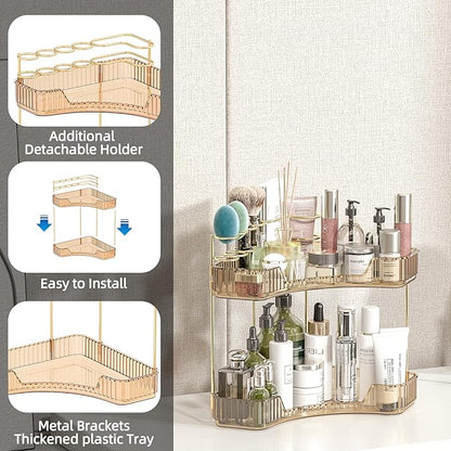 Corner Bathroom Counter Organizer with Top Toothbrush Holders, 2-Tier Make Up Organizers for Vanity with Brush Holder, Corner Storage for Bathroom, Kitchen, Dresser