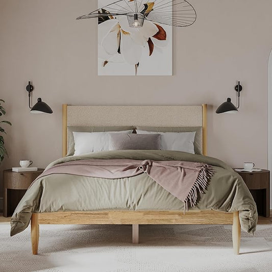 DG Casa Reign Boucle Mid-Century Modern King Size Wooden Platform Bed Frame - Upholstered in Taupe Boucle - Solid Wood with Natural Finish