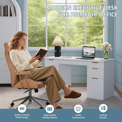 FURSUN 58" Fluted Modern Desk with Storage, Home Office Desk with 1 File Cabinet & 5 Drawers, Wood Executive Computer Writing Desk for Study, Living Room, Bedroom, White