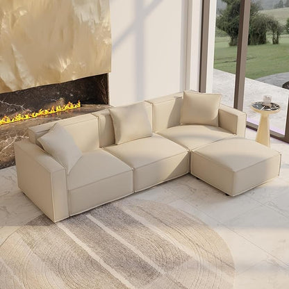 Acanva Luxury Modular Sectional Living Room Sofa Set, Modern Minimalist Style Couch with Ottoman and Chaise, L-Shape, Cream