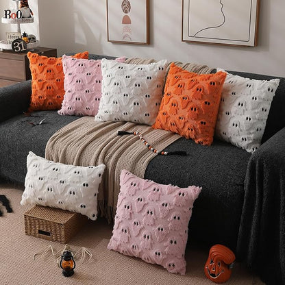 DFXSZ Halloween Pillow Covers 18x18 inch Set of 2 Pink Ghost Throw Pillow Cases Soft Plush Faux Fur Wool Cushion Case for Chair Bedroom Living Room Home Decor PTK03B18