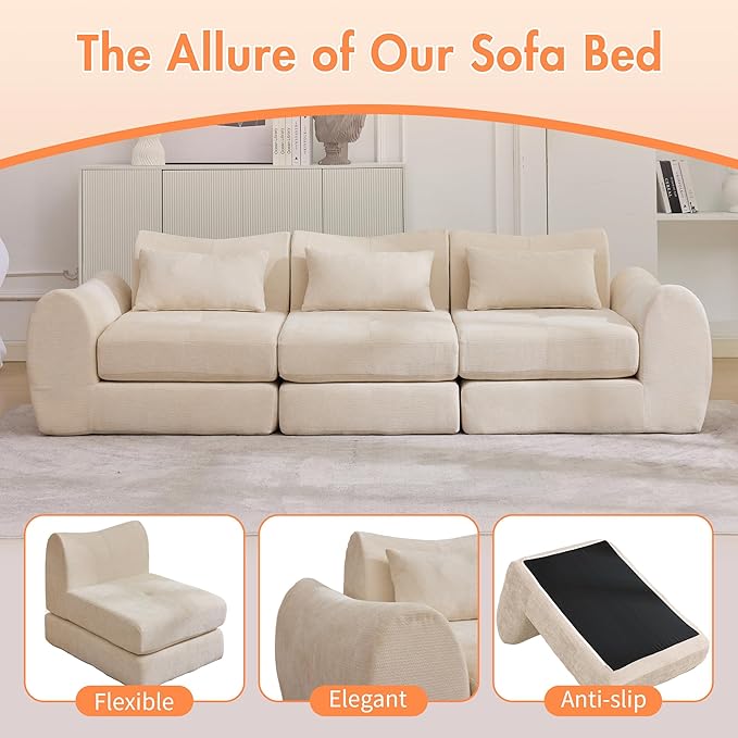 101.6" Modular Sectional Cloud Sofa,Floor Boneless Couch, 4-in-1 Folding Convertible Sofa Bed, Modular Cushion Couch,Suitable for Living Room,Bedroom and Recreation Room (Beige)
