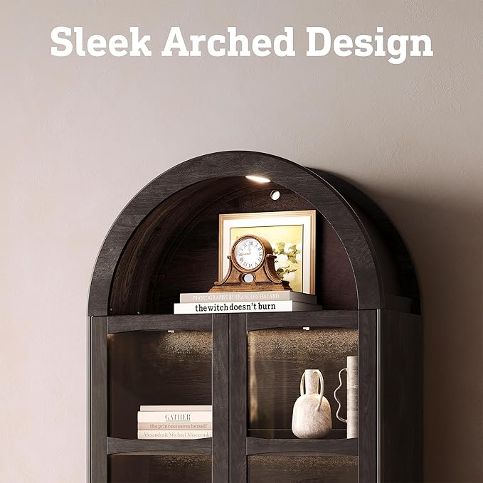 STO'SENSE 73" Tall Arched Bookshelf with LED Lights,4-Tier Modern Farmhouse Arched Bookcase with Glass Doors and Shelves,Wooden Display Cabinet with 2 Drawers for Living Room, Dining Room (Black)