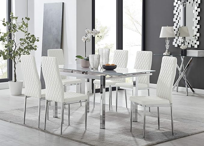 Furniturebox UK Enna White Glass Extending Dining Table and 6 Milan Chairs (6 White Chairs)