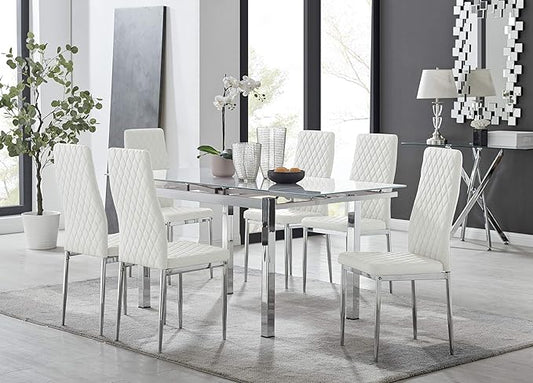 Furniturebox UK Enna White Glass Extending Dining Table and 6 Milan Chairs (6 White Chairs)