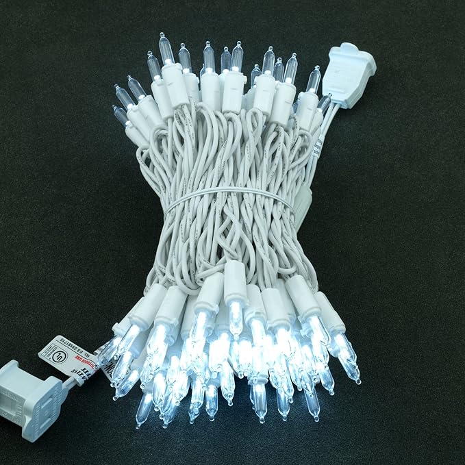 YULETIME Cool White LED Christmas Lights with White Wire, 33 ft 100 Count UL Certified Commercial Grade Holiday String Light Set (Cool White - White Wire)