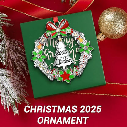 Christmas Ornament 2025 Decoration for Xmas Tree Hanging Metal Christmas Wreath with Rotatable Tree Dated 2025 Shiny Silver Ornaments Holiday Decorative Xmas Gifts for Family Friends