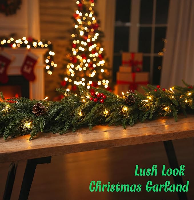 6ft Norfolk Pine Christmas Garland,Thick-Lush Faux Cedar Greenery (118 Full Branches) with LED Lights(40 Pieces), Pinecones & Red Berries for Fireplace Mantels, Tables, Walls | Indoor & Outdoor Decor