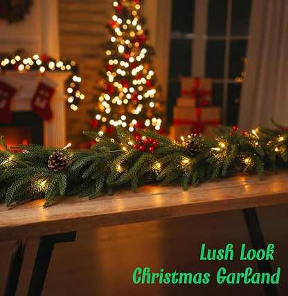 6ft Norfolk Pine Christmas Garland,Thick-Lush Faux Cedar Greenery (118 Full Branches) with LED Lights(40 Pieces), Pinecones & Red Berries for Fireplace Mantels, Tables, Walls | Indoor & Outdoor Decor
