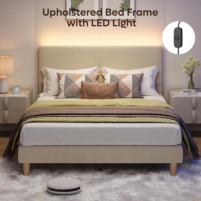 Bestier Queen Bed Frame with Adjustable Headboard, LED Lighting, Vertical Channel Tufted Corduroy Upholstered, Solid Wooden Slats Support, No Box Spring Needed, Never Squeaks, Easy Assembly, Taupe