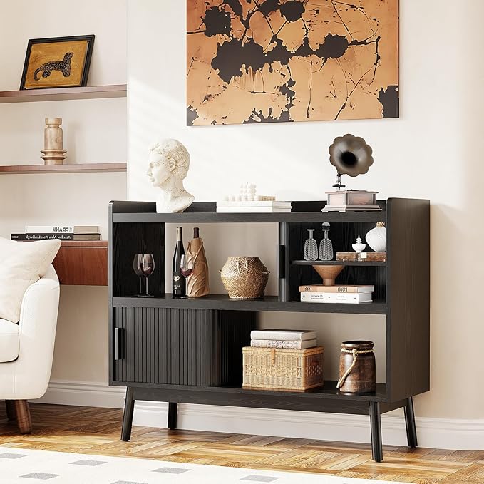 ONBRILL 44" Sideboard Buffet Cabinet with Outlet & 2 Open Storage Spaces, Fluted Sideboard Cabinet with Sliding Door & Adjustable Shelves, Mid-Century Accent Coffee Bar Console Table with Wooden Feet