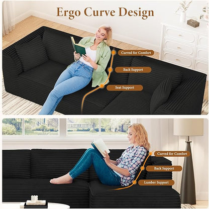 Vesgantti 106" Modular Sectional Sofa with Chaise, Deep Seat Comfy Cloud Couch Corduroy L Shaped Sofa Sectional Couches for Living Room Bedroom, No Assembly Required (Black, Right-Facing Chaise)