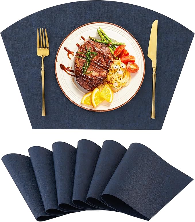 Homaxy Round Table Placemats Set of 6, Washable Wedge Shaped Faux Leather Table Mats, Wipeable Kitchen Dinner Place Mats for Indoor Outdoor, Navy Blue