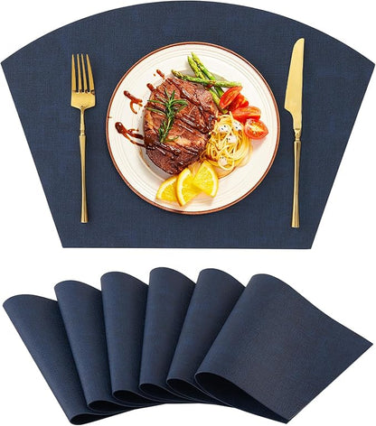 Homaxy Round Table Placemats Set of 6, Washable Wedge Shaped Faux Leather Table Mats, Wipeable Kitchen Dinner Place Mats for Indoor Outdoor, Navy Blue