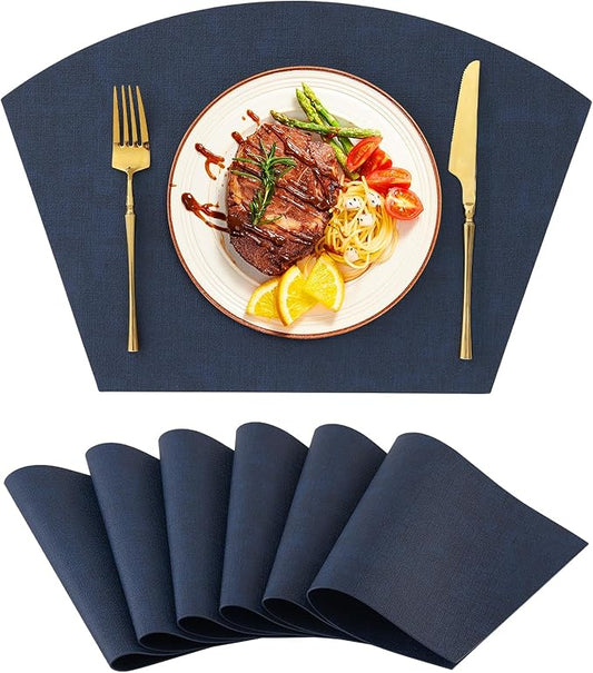 Homaxy Round Table Placemats Set of 6, Washable Wedge Shaped Faux Leather Table Mats, Wipeable Kitchen Dinner Place Mats for Indoor Outdoor, Navy Blue