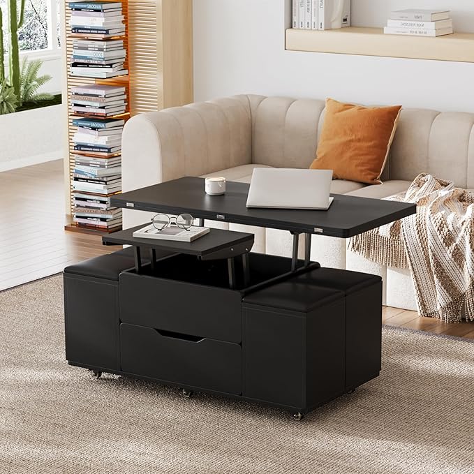homary Coffee Table with Stools, Black 3-in-1 Modern Lift-Top Folding Center Table with Hidden Storage, Casters, and Lockable Wheels – Convertible Dining & Office Table for Living Room