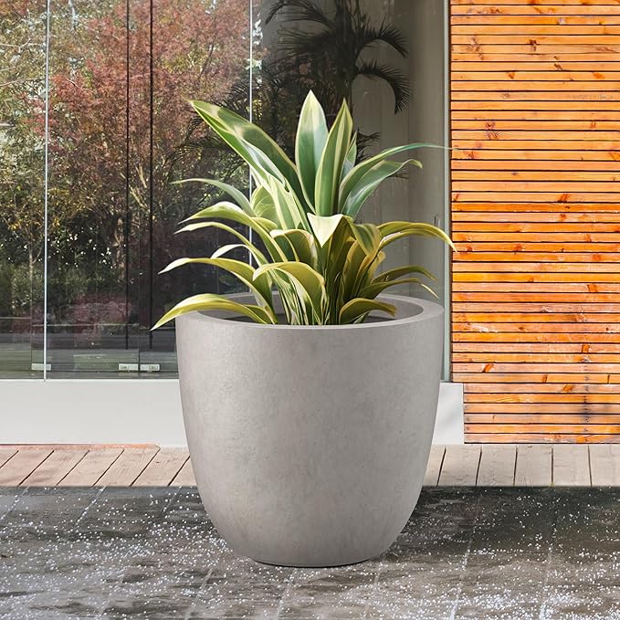 Kante 14 Inch Dia Round Concrete Planter, Indoor Outdoor Large Plant Pot with Drainage Hole and Rubber Plug for Home Patio Garden, Weathered Concrete