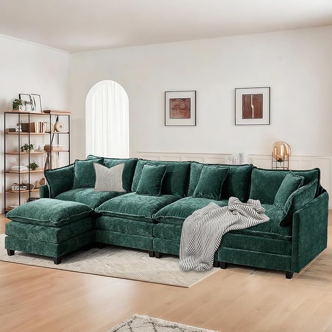 SoarFlash 143.2" Chenille Sectional Sofa, Comfy L Shaped Modular Coush Sofa with Ottoman, Modern 4 Seat Couch Deep Seat Sofa Set for Living Room,Green