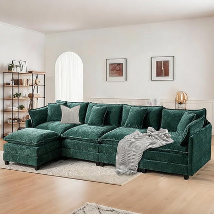 SoarFlash 143.2" Chenille Sectional Sofa, Comfy L Shaped Modular Coush Sofa with Ottoman, Modern 4 Seat Couch Deep Seat Sofa Set for Living Room,Green