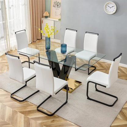 Glass Dining Table Set for 6, 71" Dining Table Set for 6, Dining Room Table Set for 6, Glass Tabletop and MDF Base