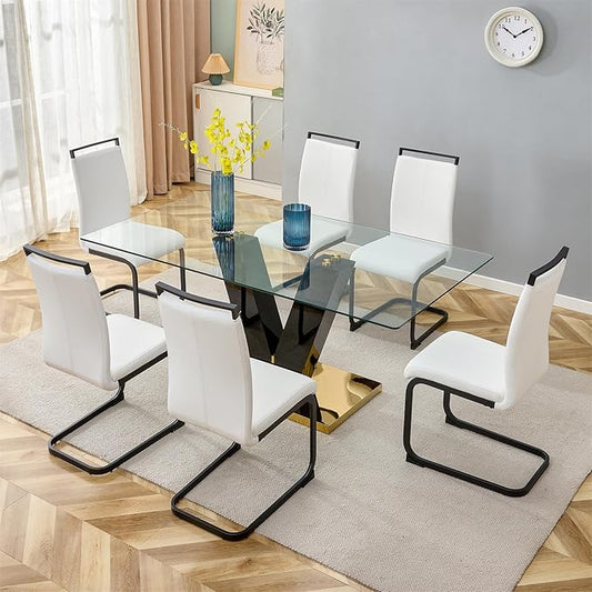 Glass Dining Table Set for 6, 71" Dining Table Set for 6, Dining Room Table Set for 6, Glass Tabletop and MDF Base