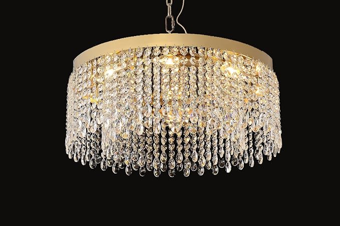 Modern Crystal Chandelier 24 inch Large Gold Chandeliers Ceiling Light Round Raindrop Chandeliers Flush Mount Lighting Fixture for Living Room Dining Room Bedroom