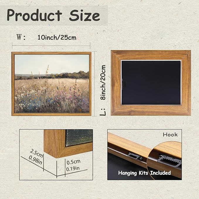 KBKBART Framed Vintage Wall Art Prints, Retro European Country Autumn Wildflower Field Landscape Canvas Painting Farmhouse Decor, Rustic Antique Framed Canvas Wall Art for Bathroom, Bedroom, Living