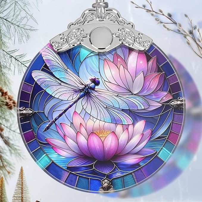 Stained Glass Dragonfly on Lotus Flower Ornament - Christmas Tree Decor Idea
