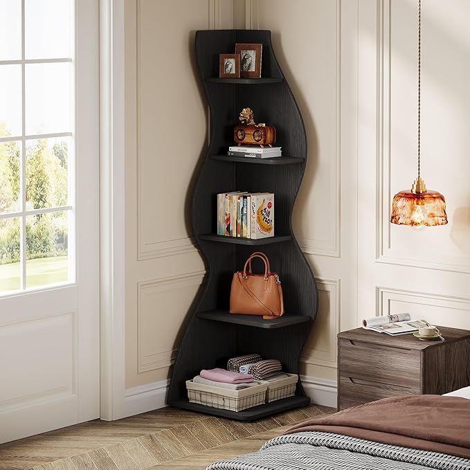 Tribesigns Wavy Corner Shelf, Modern 5-Tier Bookshelf Bookcase with Curvy Shape, Unique Plant Stand Display Rack for Living Room Small Space (Black)