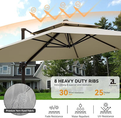 9x12FT Beige Cantilever Outdoor Patio Umbrella with Base, Large Rectangular Offset Design, Double Top Heavy Duty Aluminum Frame & 360° Rotation for Pool Garden Deck Backyard