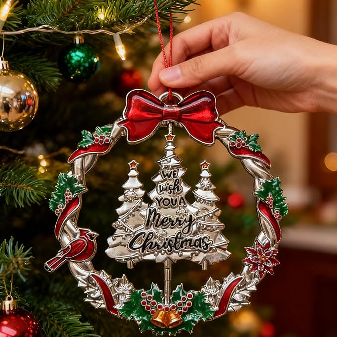 Christmas Decorations 2025 Christmas Wreath Ornament with Rotatable Xmas Tree Metal DIY Hanging Craft Collectibles for Holiday Home Party Decor Keepsake Gifts