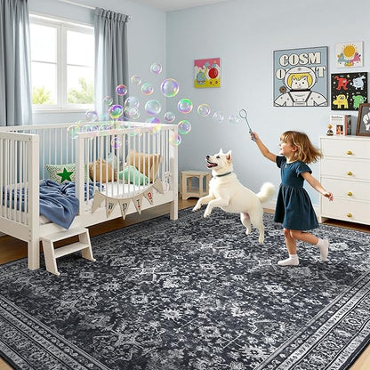 Lofus 9x12 Area Rug for Living Room,Black Washable Area Rugs with Non-Slip Backing,Soft Boho Carpets for Bedroom Dining Room Home Office Indoor Nursery