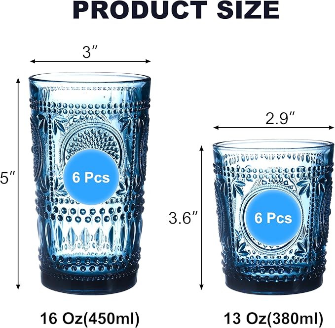 Blue Drinking Glasses Set of 12, 16 Oz Highball & 13 Oz Cocktail Glasses, Blue Kitchen Vintage Glassware Set, Floral Embossed Glass Tumbler Cups for Juice, Beer, Water, Whiskey, Coffee