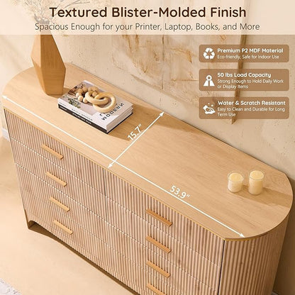 Fluted 8 Drawer Dresser for Bedroom with Curved Profile Design,53.9" W Wide Chest of Drawers with Reeded Front Panels,Wide Storage Cabinet with Smooth-Glide Drawers for Living Room,Light Oak