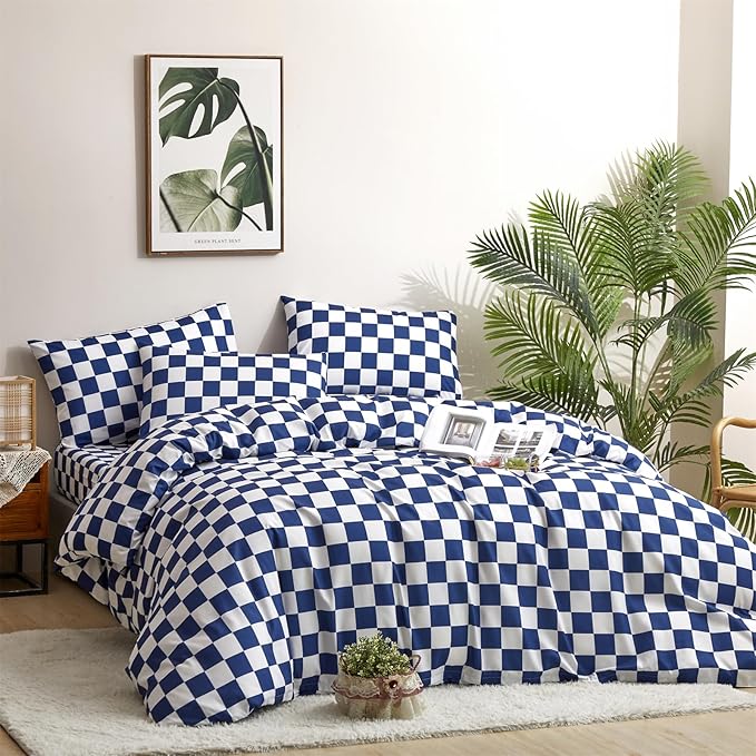 CLOTHKNOW Plaid Twin/Twin XL Comforter Sets Blue White Bedding Comforter Sets Royal Blue White Bed Comforter Blue Bedding Sets Soft