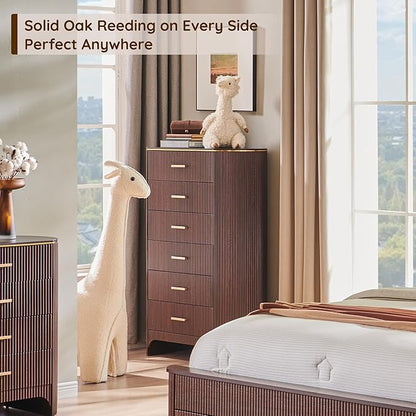 Fluted 6 Drawer Tall Dresser with Curved Profile,47.8" Tall Drawers with Reeded Texture,Gold Handles Storage Organizer Cabinet for Bedroom,Living Room,Entryway,Brown Oak