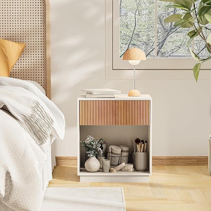 Fluted Nightstands Set of 2, Modern Bedside Table with Drawer and Storage Shelf, Wood End Table Mid Century Night Stands for Bedroom Living Room Office (White+Oak)