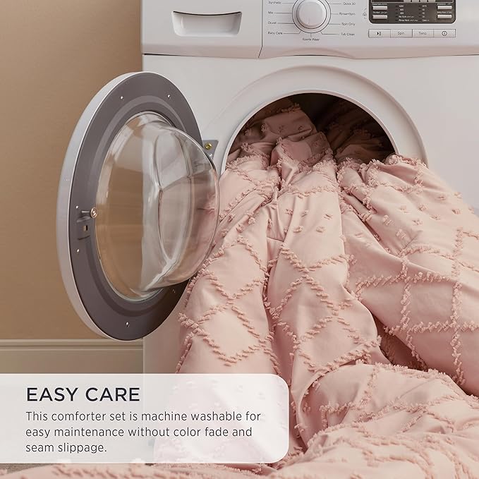 Bedsure King Comforter Set - Coral Pink Comforter, Boho Tufted Shabby Chic Bedding for Kids, 3 Pieces Vintage Farmhouse Bed Set for All Seasons, Fluffy Soft Bedding with 2 Pillow Shams