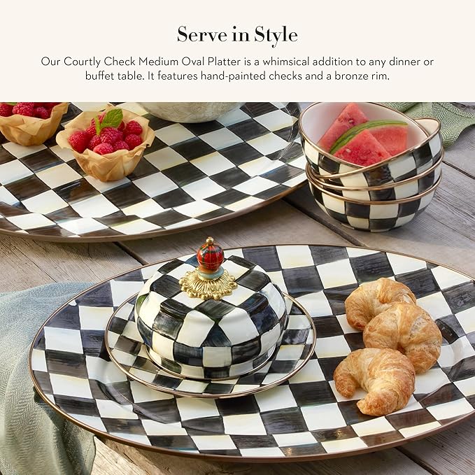 MACKENZIE-CHILDS Enamel Oval Platter, Serving Plate for Entertaining, Medium, Black-and-White Courtly Check