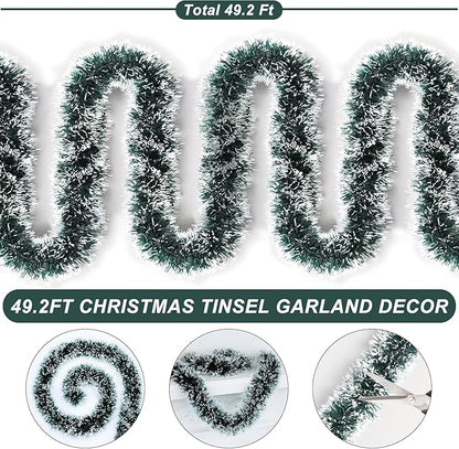 50 FT Green Christmas Tinsel Garland Christmas Decorations for Xmas Tree Decor, Shiny Metallic Twist Hanging Tinsel Garlands for Stairs Mantle Fireplace Home Indoor Outdoor Holiday Party Supplies