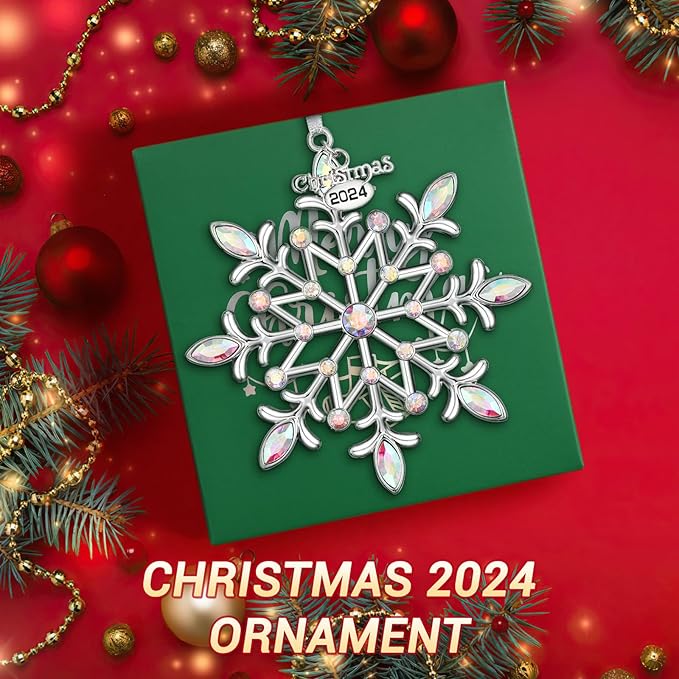 Christmas Snowflake Ornaments 2024 Decor for Christmas Tree Metal Hanging Rhinestones Glitter Crafts Snow Flake Decorations Indoor for Holidays Winter Home Window Room Door-Silver