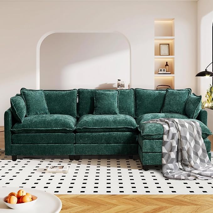 SoarFlash 107.4" Chenille Sectional Sofa, Comfy L Shaped Modular Coush Sofa with Ottoman, Modern 4 Seat Couch Deep Seat Sofa Set for Living Room,Green