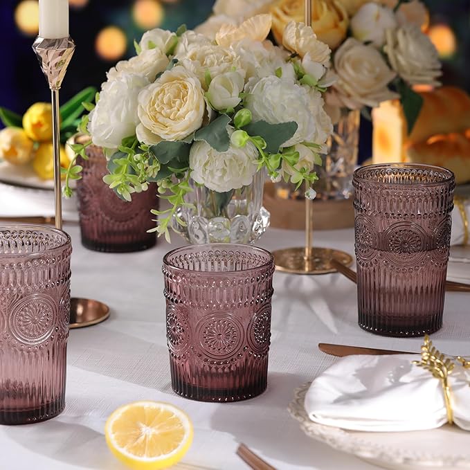 Vintage Glassware Drinking Glasses Set of 4-10.5 oz Purple Glasses Water Tumbler, Embossed Glassware Cups for Juice, Beer, Cocktail, Whiskey, Various Mixed Drinks