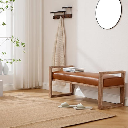 Kmax Entryway Bench, Wooden Upholstered Bench for Bedroom End of Bed with Hollow Arms Farmhouse for Entry Way Bedroom Living Room - PU, Brown