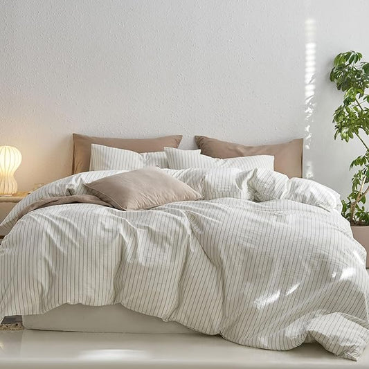 MooMee Striped Duvet Cover Set 100% Washed Cotton Linen Like Textured Breathable Durable Soft Comfy (White Sage Green Wide Stripes, Twin 68"x90")
