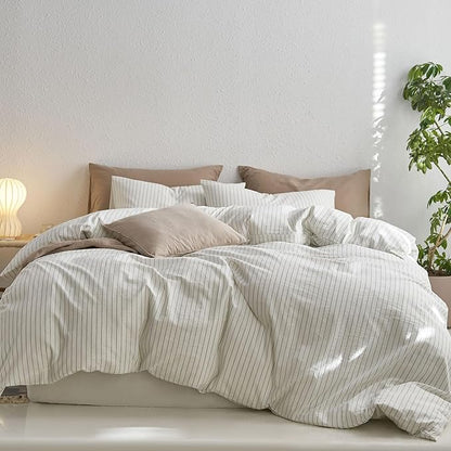 MooMee Striped Duvet Cover Set 100% Washed Cotton Linen Like Textured Breathable Durable Soft Comfy (White Sage Green Wide Stripes, Super King Plus 120"x120")